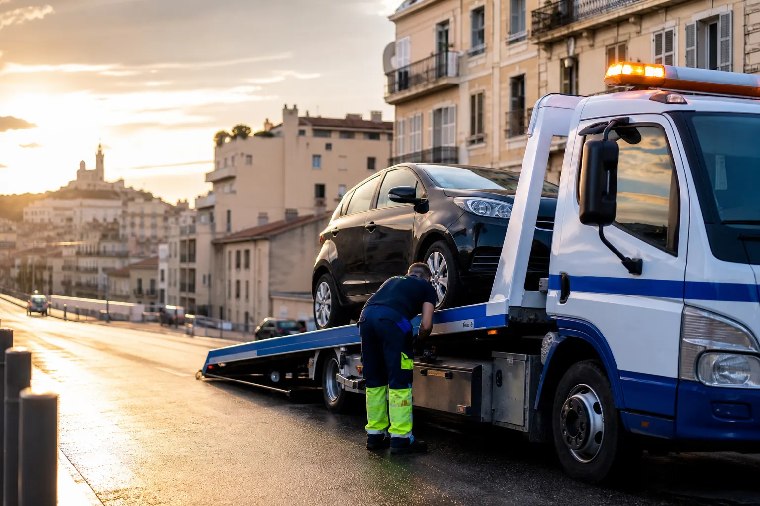 Dépanneuse Marseille remorquant une voiture en rue au coucher du soleil